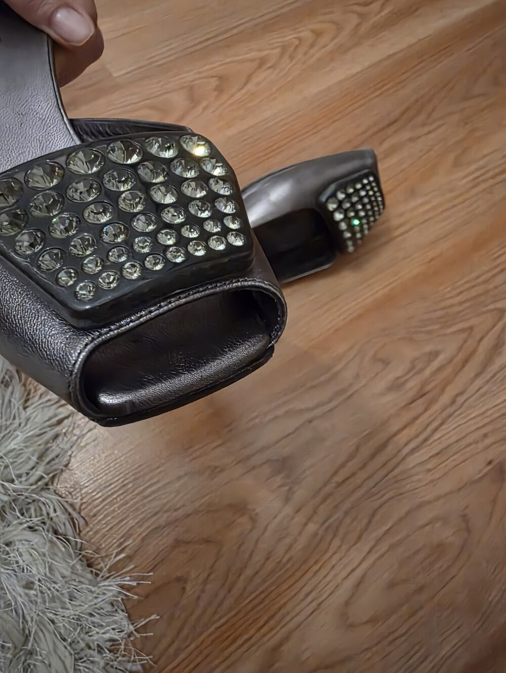 Prada Siver Leather Jeweled Square-Toe Mules - Picture 2 of 9
